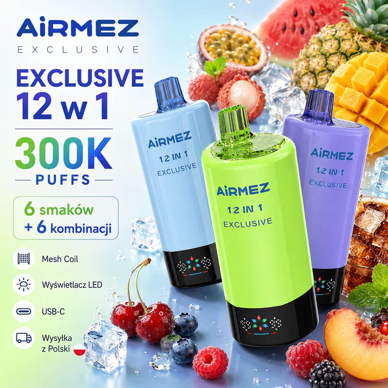 AiRMEZ Exclusive 12-in-1 300K z 6 smakami, 6 kombinacjami, wyświetlaczem LED i wysyłką z Polski