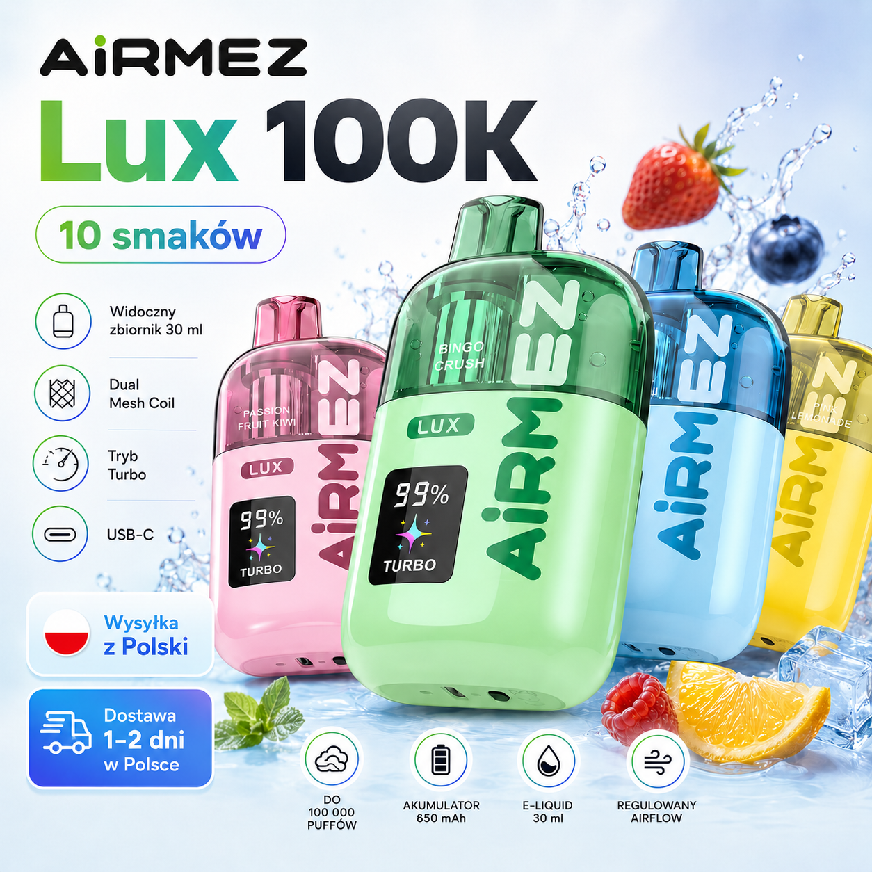 AiRMEZ Lux 100K w kilku wariantach kolorystycznych z 10 smakami, widocznym zbiornikiem 30 ml, Dual Mesh Coil i trybem Turbo