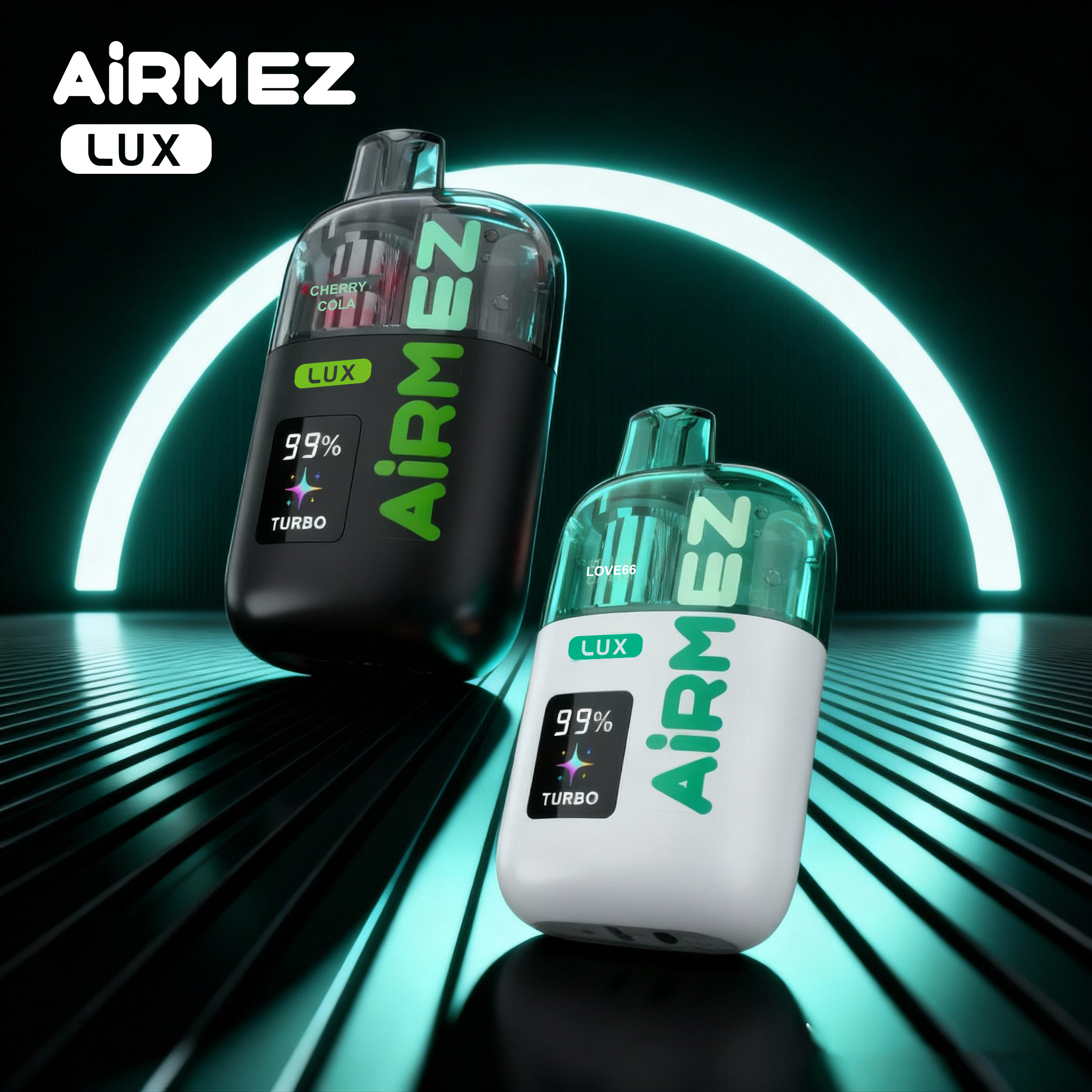 AiRMEZ Lux 100K w wariantach Cherry Cola i Love 66 z widocznym zbiornikiem oraz trybem Turbo