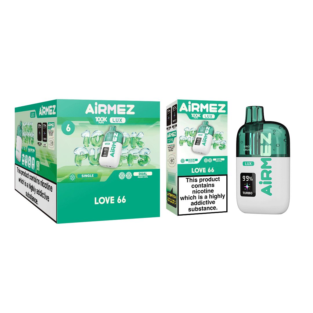 AiRMEZ Lux 100K Love 66 pokazany z opakowaniem detalicznym i urządzeniem
