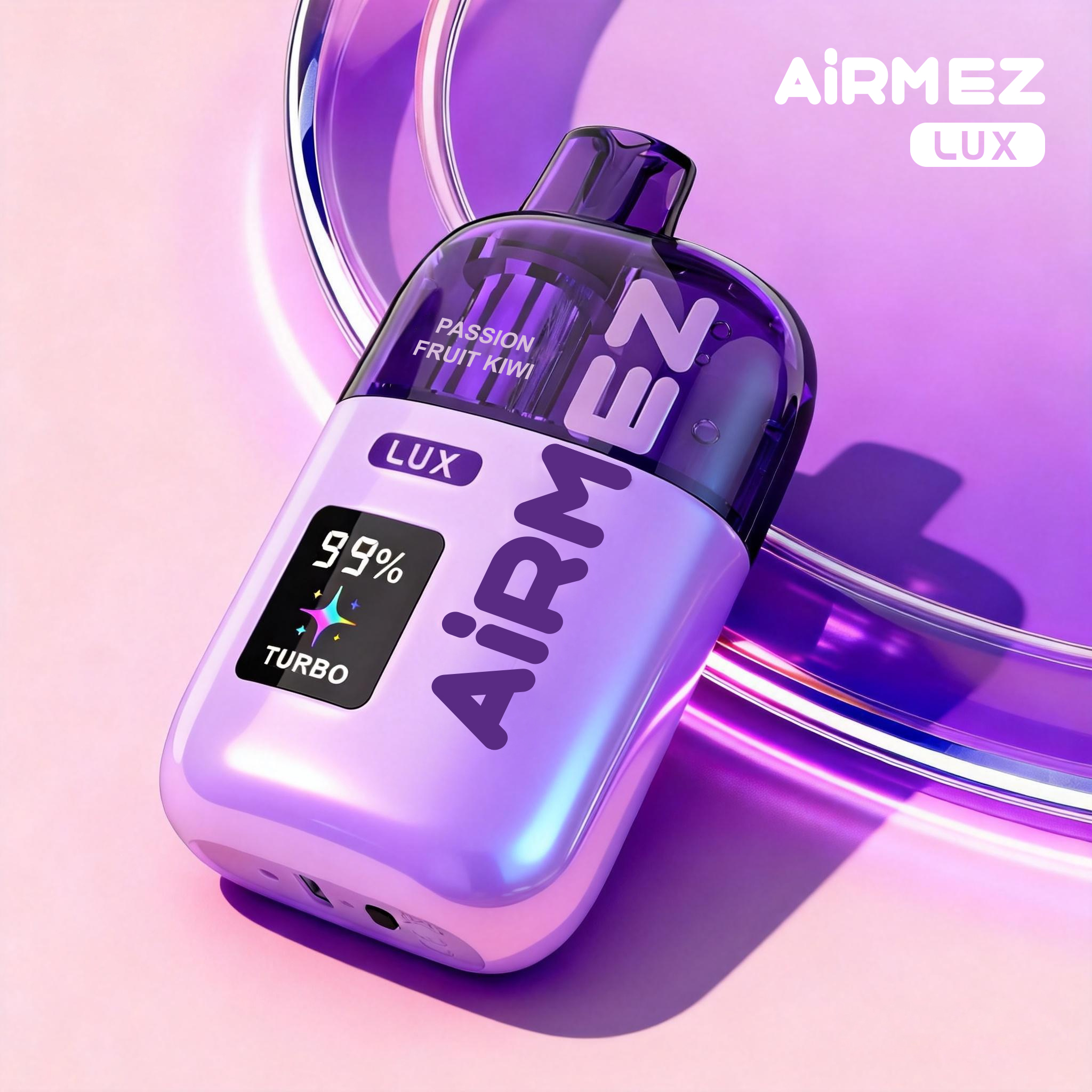 AiRMEZ Lux 100K Passion Fruit Kiwi z przezroczystym zbiornikiem, cyfrowym wyświetlaczem i trybem Turbo