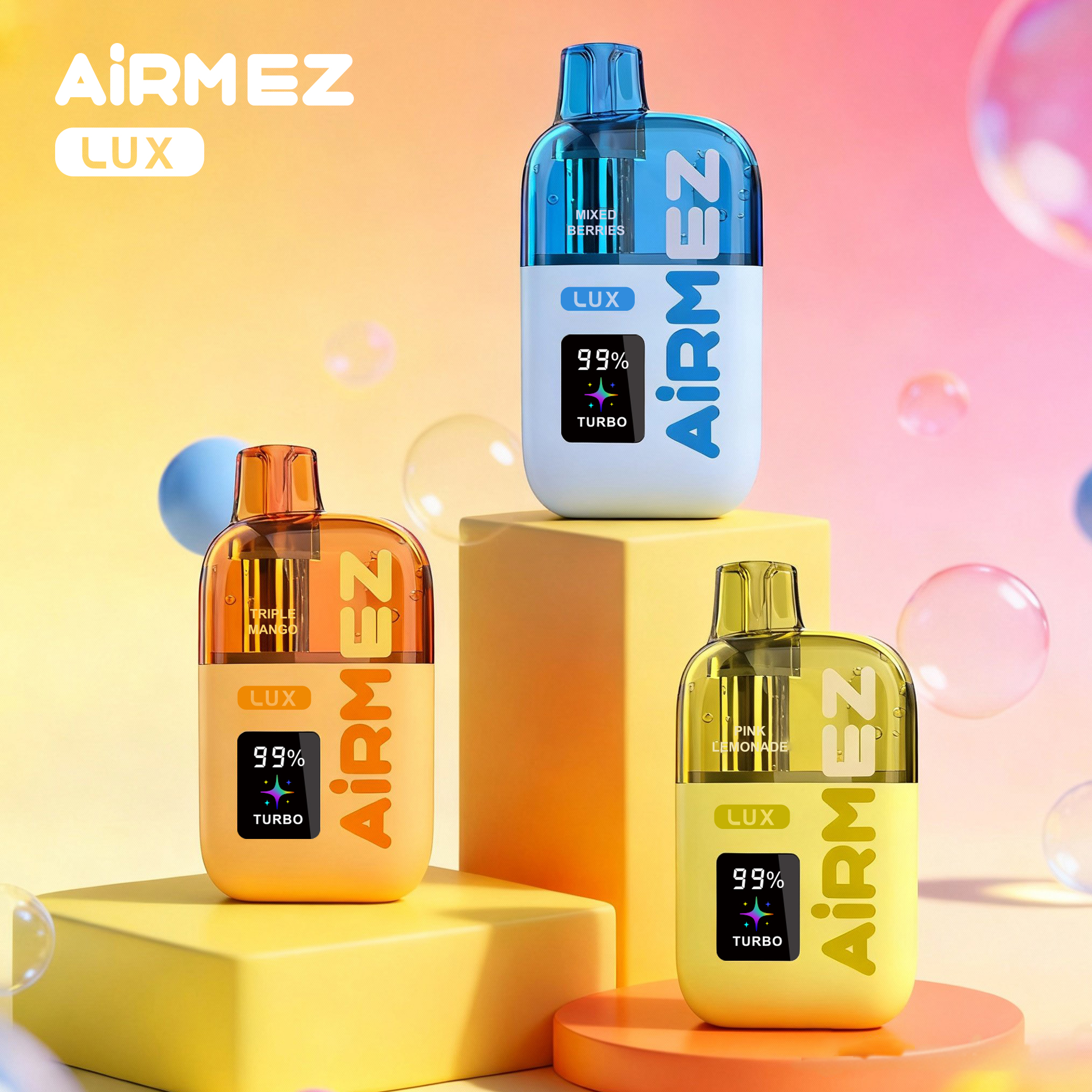 AiRMEZ Lux 100K w wariantach Mixed Berries, Triple Mango i Pink Lemonade z widocznym zbiornikiem oraz trybem Turbo