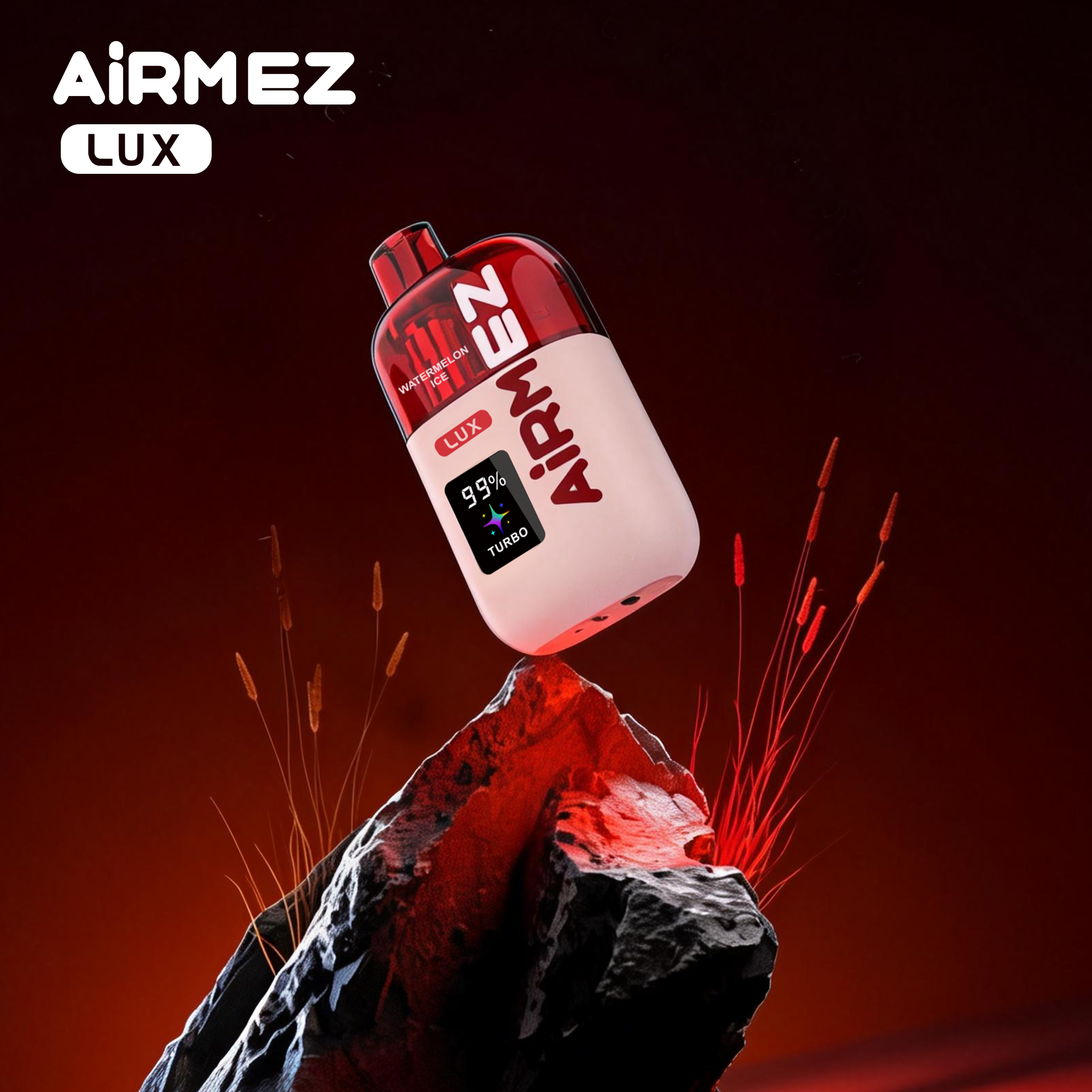 AiRMEZ Lux 100K Watermelon Ice z widocznym zbiornikiem, wyświetlaczem Turbo i czerwonym wykończeniem