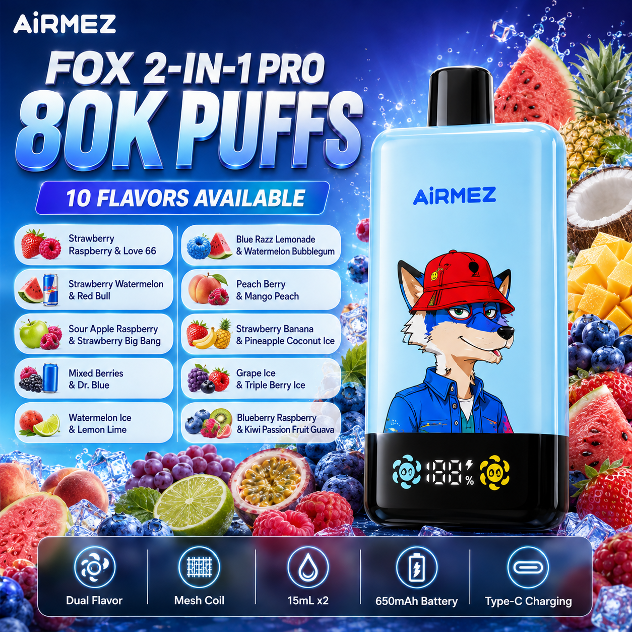 AiRMEZ Fox 2in1 Pro 80K – 10 kombinacji dwóch smaków