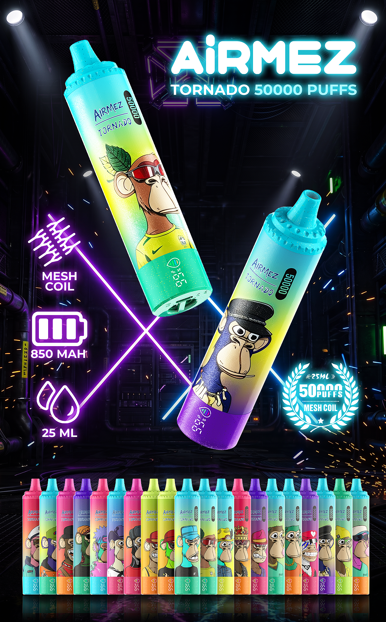AiRMEZ Tornado 50K Puffs – 25 ml, Mesh Coil, 850 mAh i 20 smaków
