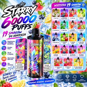 STARRY Crystal 60K – przegląd 19 smaków, 60000 puffs, regulowany przepływ powietrza, mesh coil, 20 ml e-liquidu, akumulator 600 mAh.