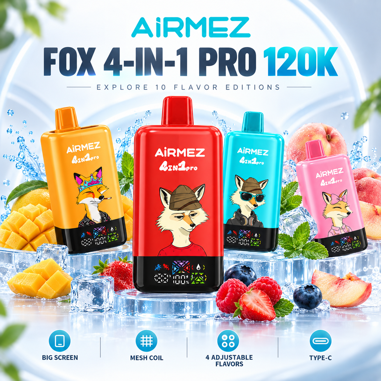 AirRMEZ Fox 4-w-1 Pro 120K Puffs w 10 edycjach w czterech smakach